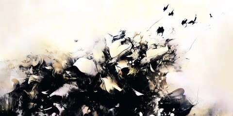 Poster - Abstract painting depicting birds flying over a dark landscape
