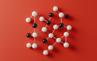 Poster - White and black connected spheres on red background. 3D render