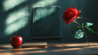 © Erika - un fondo con una rosa roja y una manzana roja para celebrar el dia del maestro en la escuela con espacio de copia para tarjeta