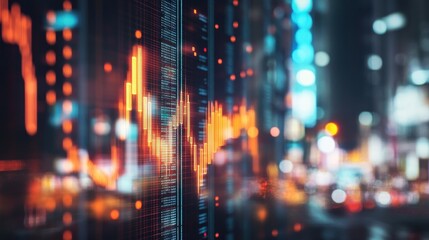 Poster - Glowing stock analytics on blurry city background. Trade and investment concept. Multiexposure