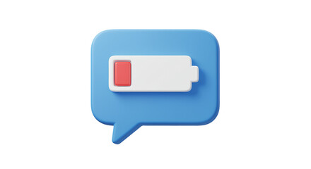 Poster - Low battery notification icon displays a red indicator on a blue speech bubble symbol. The battery icon is depicted as almost empty in this digital 3D render