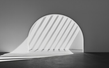 Poster - Black And White Interior With Bright Sunlight Beams Through Arch Window Illuminating Concrete Floor