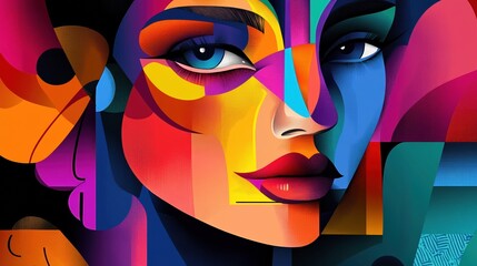 Poster - Cubism inspired 2d illustration featuring a face with abstract vibrant shapes