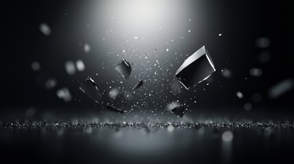 Wall Mural - a black and white photo of shattered glass on a black background, creating a 3d effect the glass pie
