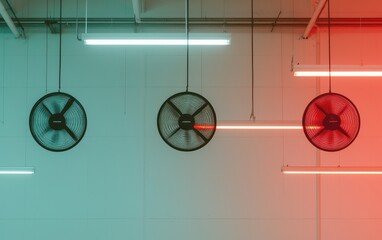 Fototapete - Three Round Pixelated Ceiling Fans With Teal And Red Lighting