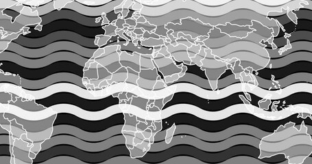 Poster - Animation of world map over wavy black and white pattern background