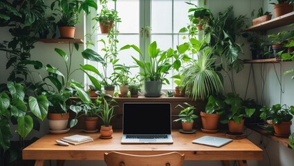 Poster - Cozy indoor workspace surrounded by lush green plants in a bright sunny room