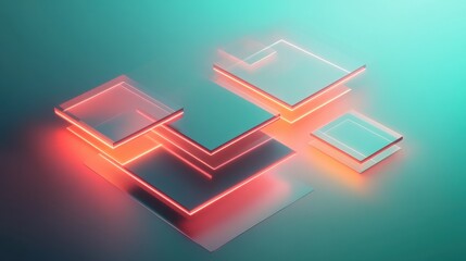 Poster - Geometric composition with floating, glowing squares on a teal background. Modern, abstract, and technological with a sense of depth and perspective.