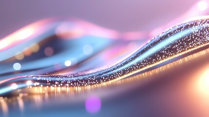Poster - Flowing abstract waves with glitter sparkles in pink and blue colors create magical light effect on blurred background with bokeh elements and reflections.
