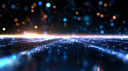 Aufkleber - Glowing blue light horizon with bokeh effect and shimmering particles against dark background creates futuristic atmospheric scene for technology concepts.