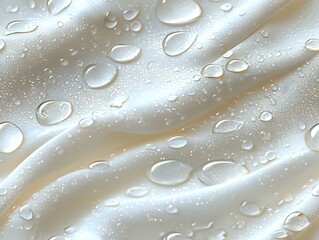Poster - Clear water drops on white silky fabric creating natural pattern with light shadows and reflections, macro photography showing texture and liquid beading effect.