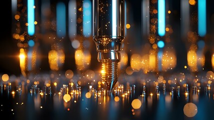 Poster - Glowing blue and golden bokeh lights create magical atmosphere with metallic industrial pipe in center, reflective surface adds depth and sparkle.