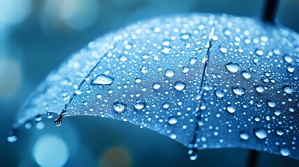 Poster - Raindrops on blue umbrella surface creating natural pattern with bokeh effect in background, macro photography showing water resistance and protection on rainy day.