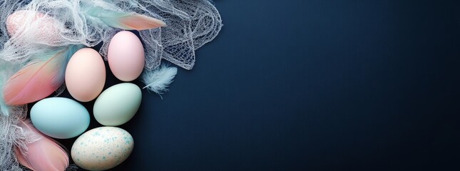 Easter banner featuring painted eggs and a napkin set against a dark blue background, captured from a top view in a flat lay style with copy space