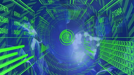 Poster - Animation of glowing green data and numbers moving in digital tunnel