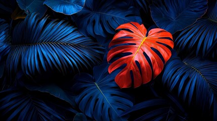Poster - Red leaf is surrounded by blue leaves. The leaf is the only red object in the image