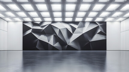 Poster - A room showcasing a large black and white wall featuring polygonal surface art on canvas within an inviting art gallery environment.