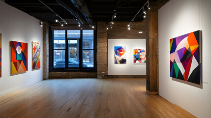 Aufkleber - A room filled with various paintings on the wall featuring polygonal surface art on canvas creating a captivating art gallery experience.