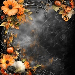Poster - Autumnal Elegance: A Floral Arrangement with Pumpkins and Berries on a Textured Dark Background