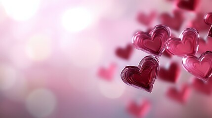Poster - Pink and red layered heart shapes floating on blurred romantic background with bokeh lights, creating dreamy Valentine's Day atmosphere for greeting cards and romantic designs.
