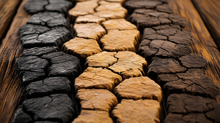 Poster - A row of smooth rocks carefully arranged on a wooden table displaying unique polygonal texture applications in a natural setting.