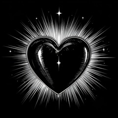 Poster - Radiant Heart: A black heart emblem glowing with white rays and stars against a dark background.