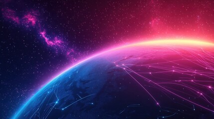 Poster - an 80s inspired neon graphic of the earth from space with smooth gradient colored network lines