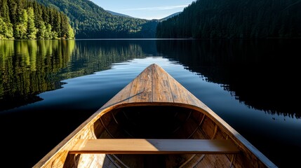 Poster - Small wooden boat is floating on a lake. The water is calm and the sky is clear