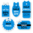 © Нелли Диголян - Set of sale tags and stickers, label template, blue color, 20, 50, %. Discounts and price tags on paper, blank, promotion. Vector illustration in flat style, coupon element template for graphic design