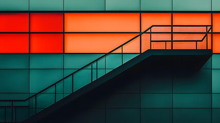 Poster - Architectural staircase in front of a building featuring polygon-based design elements bathed in elegant sleek light with modern appeal.