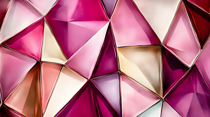 Poster - Beautiful pink and gold wall featuring polygon-based design elements illuminated by sleek light creating a luxurious and elegant atmosphere.