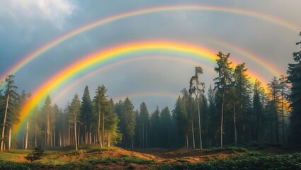 Poster - vibrant rainbows arching over a lush forest during a misty afternoon in a serene natural landscape