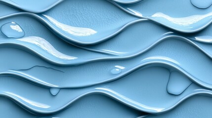 Poster - The image is of a blue wave with water droplets on it. Scene is calm and serene, as the water droplets seem to be gently falling on the wave