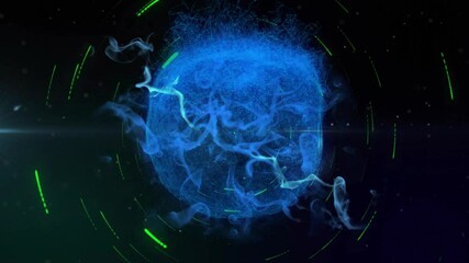 Poster - Animation of blue swirling energy sphere with green lines on dark background