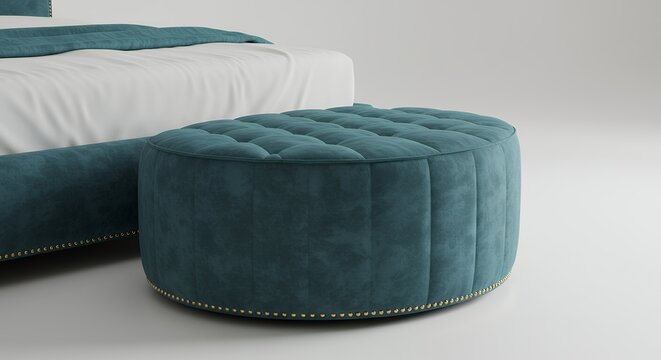 Elegant Tufted Ottoman and Modern Bed in Stylish Interior Setting