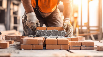 Poster - Skilled construction worker laying bricks at a worksite Generative AI