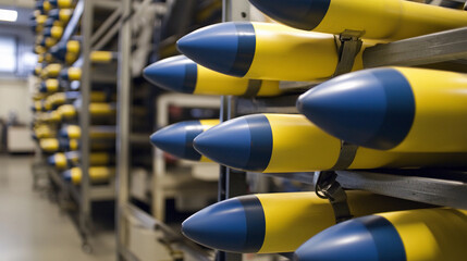 Aufkleber - Close-up view of yellow and blue missiles in storage unit Generative AI