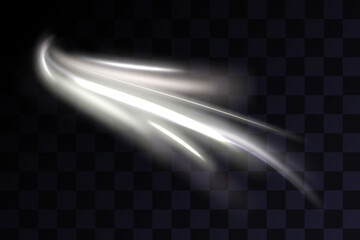 Poster - White shiny sparks of spiral wave. Curved bright speed line swirls. Shiny wavy path. Magic golden swirl with highlights. Glowing swirl bokeh effect.