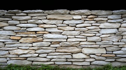 Poster - Wall made of stone blocks with a few green plants growing on it. The wall is very tall and has a lot of texture