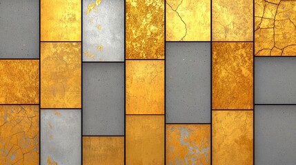 Fototapete - Wall made up of various colored tiles, including gold and gray. The tiles are arranged in a pattern, with some overlapping and others standing alone. The overall effect is a visually interesting