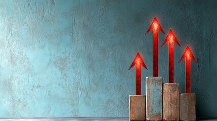 Poster - Wall with a blue background and a row of red arrows pointing upwards. The arrows are on top of a stack of bricks