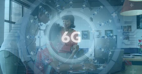 Poster - 6G technology animation over diverse people collaborating in modern office