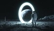 © Sabina Gahramanova - Cosmonautics Day. astronaut on the moon, gazing through a giant ring-shaped portal toward Earth. Surrounded by a starry sky, the scene evokes a sense of mystery and wonder