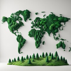 Poster - Creative wall art displays a vibrant green world map made of textured foliage in a modern indoor space