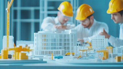 Fototapete - Engineers Collaborating on Architectural Models in Modern Office Setting