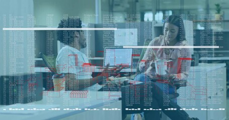 Poster - Collaborating in office, business professionals analyzing data with animated overlay