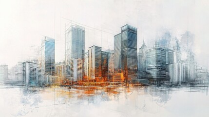 Poster - Architectural Drawings of a Modern City with Soft Background Effects