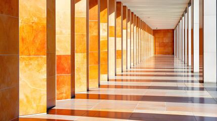 Poster - Long hallway featuring eye-catching orange tiles with repetitive geometry enhanced by sunlight creating a warm and inviting atmosphere.