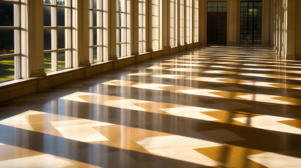 Poster - Hallway showcasing a clock and repetitive tile geometry with sunlight creating a bright and inviting atmosphere for a welcoming setting.