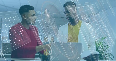 Poster - Discussing data processing, two men using digital interface overlay in office